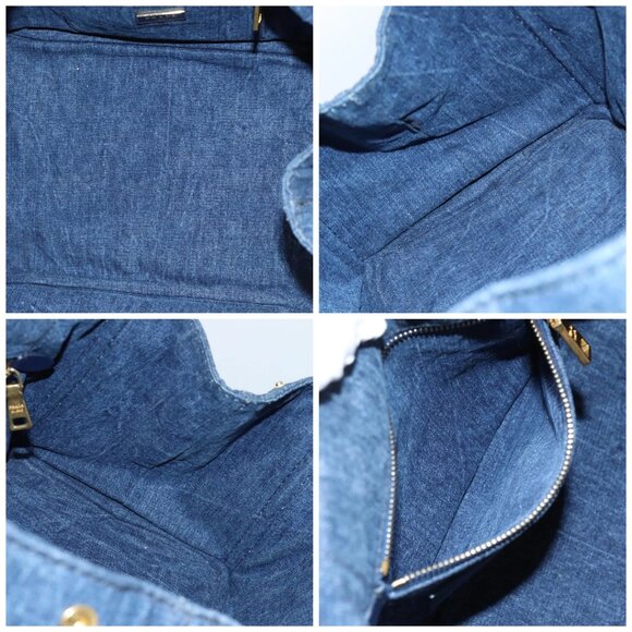 PRADA Canapa MM Hand Bag Denim Blue Gold Auth - Picture 16 of 16